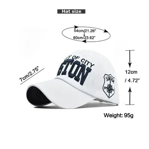 Detailed size chart for the Boston baseball cap with 3D embroidery and measurements