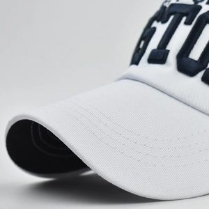 Close-up of 3D embroidery and precision stitching on the white cotton baseball cap