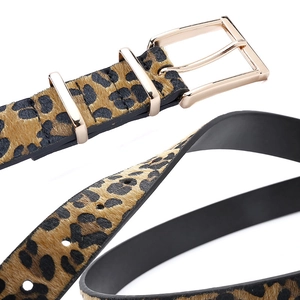 Women's leopard print pony hair belt with a polished light gold square metal buckle