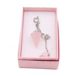 Natural rose quartz crystal pendulum necklace with silver chain in a pink gift box