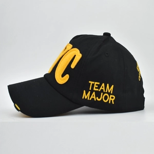 Distressed black cotton baseball cap with yellow NYC 3D embroidery and side logo