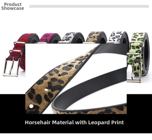 Macro detail of leopard print horsehair texture on belts with various color options