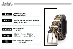 Detailed view of leopard print pony hair belt texture with golden metal pin buckle