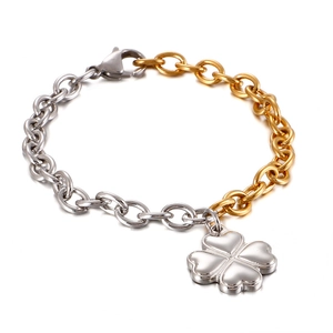 Two-tone gold and silver stainless steel clover pendant bracelet with lobster clasp