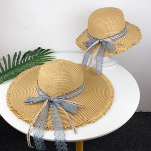 Women Girls Parent Child Straw Sun Hat Large Wide Brim Raw Edge Ribbon Lace Bowknot Beach Summer Vacation Pastoral Style