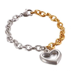 Two-tone silver and gold link bracelet featuring a hollow heart pendant and lobster clasp