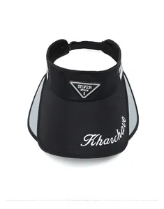 Macro view of adjustable black sun visor with embroidered logo and metal emblem detail