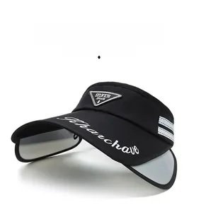 Detail of black visor hat with retractable side flaps and embroidered logo detail