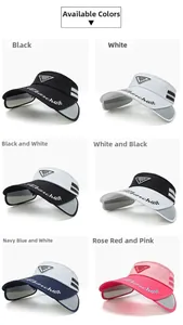 Detail view of multi-color visor hats with pull-out sun shields and metallic emblem
