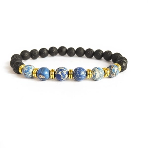 Natural Stone Beaded Bracelet Lava Rock Tiger Eye Turquoise Imperial Jasper Alloy Spacers Elastic Energy Unisex Jewelry