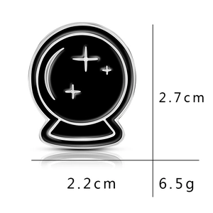 Punk style crystal ball enamel brooch with coffin details and dimension measurements