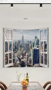 Macro detail of Nordic tapestry featuring 3D city skyscraper window view for home decor