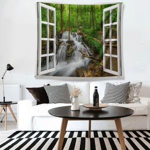 Detailed 3D forest waterfall tapestry with window view on a modern living room wall