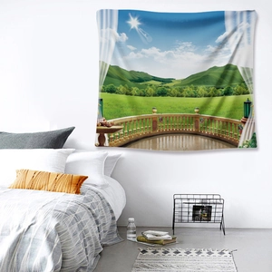 Detailed nature landscape tapestry showing mountains and terrace on a bedroom wall