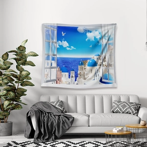Detailed view of Mediterranean Santorini fake window tapestry in a modern living room