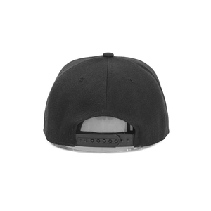 Close-up of black snapback baseball cap with adjustable plastic strap and cotton texture