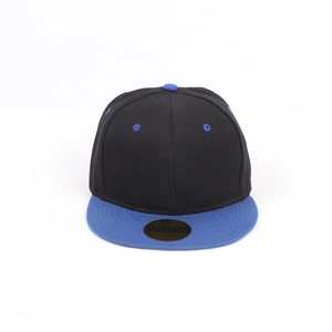 Close-up of a flat-brim snapback hat with black crown and contrasting blue visor and eyelets