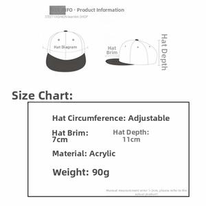 Size specifications for flat brim baseball cap with adjustable strap and acrylic fabric