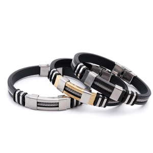 Men's punk bracelet set in gold and silver stainless steel with black silicone bands