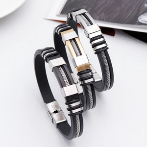 Men's punk fashion stainless steel bracelet with black rubber and gold accents