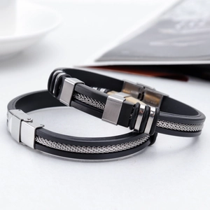 Men's punk style stainless steel bracelet with black silicone and woven metal mesh