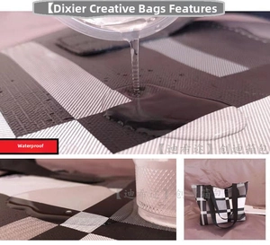 Close-up detail of waterproof plaid tote bag fabric showing water droplets on surface