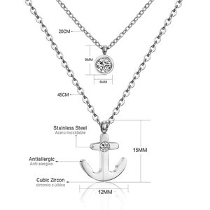 Detail view of stainless steel cross necklace set with cubic zirconia and dimensions