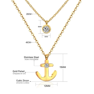 Detailed size specifications for gold plated stainless steel anchor necklace with zircon