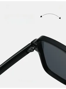 Close-up of durable metal hinge on black square sunglasses with high-density frames