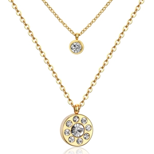 Gold layered necklace with round zircon pendants and minimalist cross chain for women
