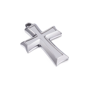 Polished silver stainless steel cross pendant for DIY jewelry making on white background
