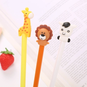 Creative cartoon gel pens with animal caps including giraffe, lion, and cow designs