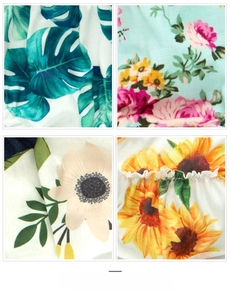 Macro detail of four fabric patterns including tropical leaves and floral rose prints