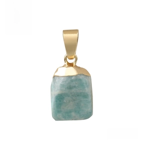 Detailed view of irregular light blue Amazonite stone pendant with a gold metal clasp