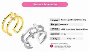 Detailed view of adjustable double-layer cross ring with cubic zirconia inlay and dimensions