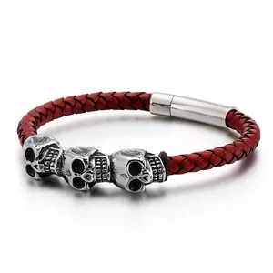 Men Bracelet Skull 316L Stainless Steel Braided Leather Rope Magnetic Buckle Punk Gothic Retro Jewelry