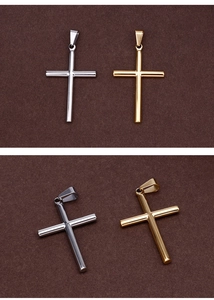 Detailed views of gold and silver polished stainless steel cross pendants with top loops