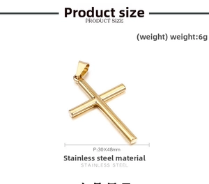 Polished golden stainless steel cross pendant detail with 30x48mm size and 6g weight