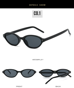 Vues détaillées de lunettes de soleil ovales vintage noires avec accents argentés sous divers angles