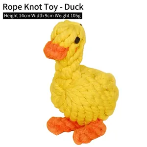 Detail view of cotton rope duck pet toy with dimensions 14cm by 9cm and 105g weight