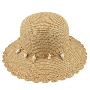 Women's straw sun hat with shell band and wavy lace edges for summer beach vacation