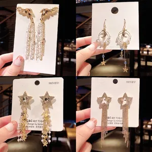 Elegant S925 silver needle tassel earrings with stars, pearls and rhinestones