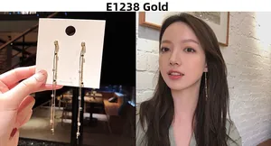 Detailed view and model shot of gold tassel drop earrings with sparkling crystals
