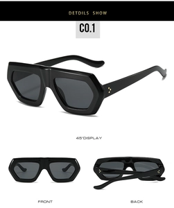 Three-way view of irregular black sunglasses with golden triangle rivet details
