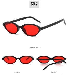 Vues multiples de lunettes de soleil ovales, monture noire, verres rouges et rivets