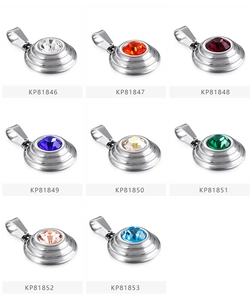 Detailed grid of stainless steel pendants featuring round colorful cubic zirconia stones