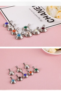 Detail view of multi-color zircon round pendants with tiered silver steel texture