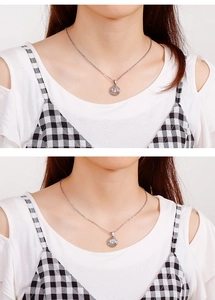 Silver stainless steel necklace with a round zircon pendant shown on a model neck