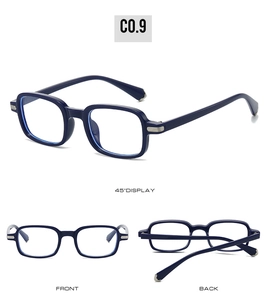 Dettaglio montatura quadrata in acetato blu scuro con accenti in metallo stile vintage
