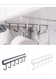 Detail of under-cabinet 6-hook rack in black and white finishes for kitchen storage